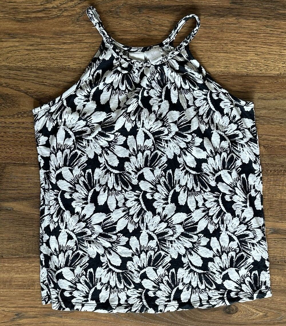 C&C California Linen Lyocell Blend Floral Tank Top Black White Sleeveless S